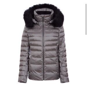 Women's Silver Puffer Jacket with Black Faux Fur Hood